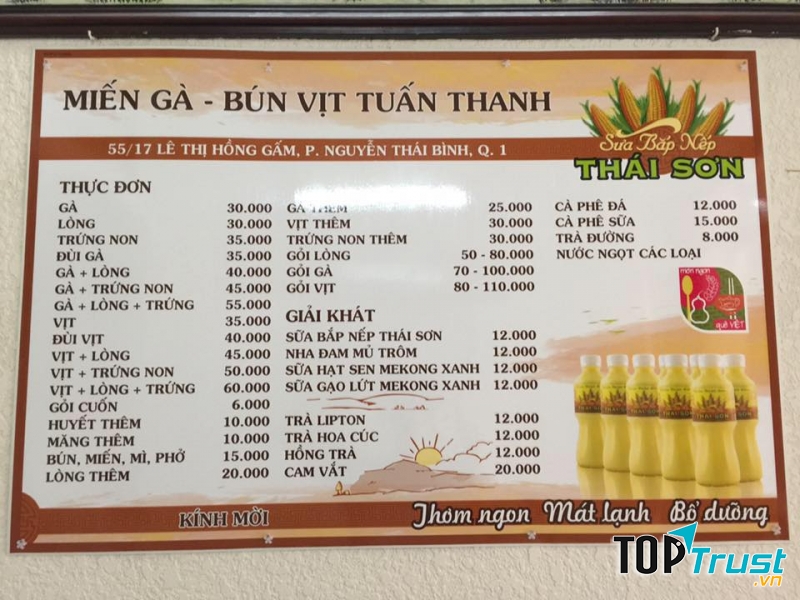 Menu quán miến gà - bún măng vịt Tuấn Thanh