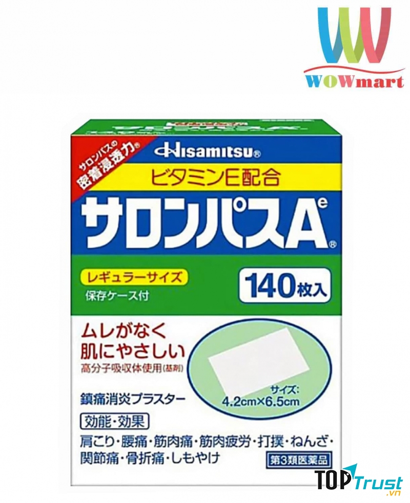 Miếng dán Salonpas giảm đau Nhật Bản Salonpas 140 miếng cho những vùng như vai, cổ, các khớp, cơ, bong gân… Hiệu quả giảm đau của nó lên đến 8 giờ, trả lại cho bạn năng suất làm việc hiệu quả.
