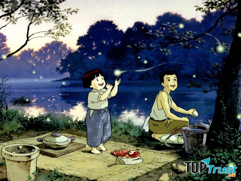 Cảnh Seita và Setsuko ngồi bên nhau vui vẻ với những con đom đóm xung quanh