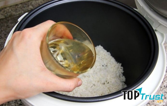 Cho gạo vào nồi và thêm một chút dầu vừng để không bị trào