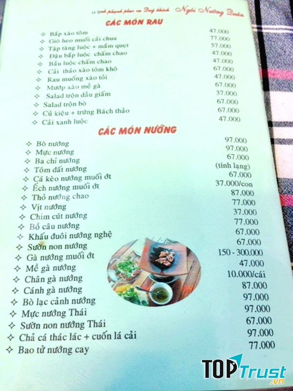 Menu tại nướng ngói quán với hơn 30 món khác nhau