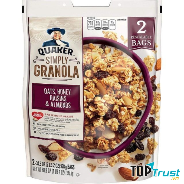 Ngũ cốc yến mạch Quaker Simply Granola nho khô hạnh nhân mật ong