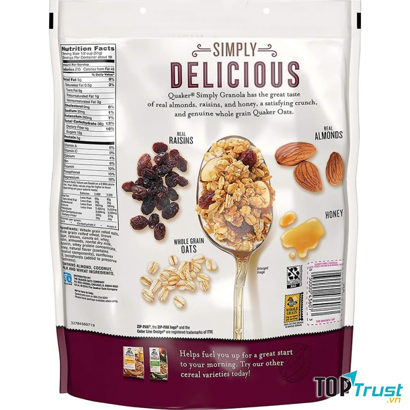 Ngũ cốc yến mạch Quaker Simply Granola nho khô hạnh nhân mật ong