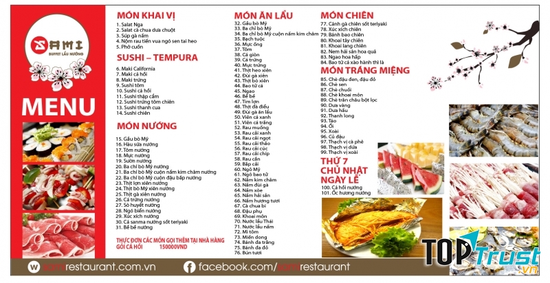 Thực đơn tại lẩu nướng Sami