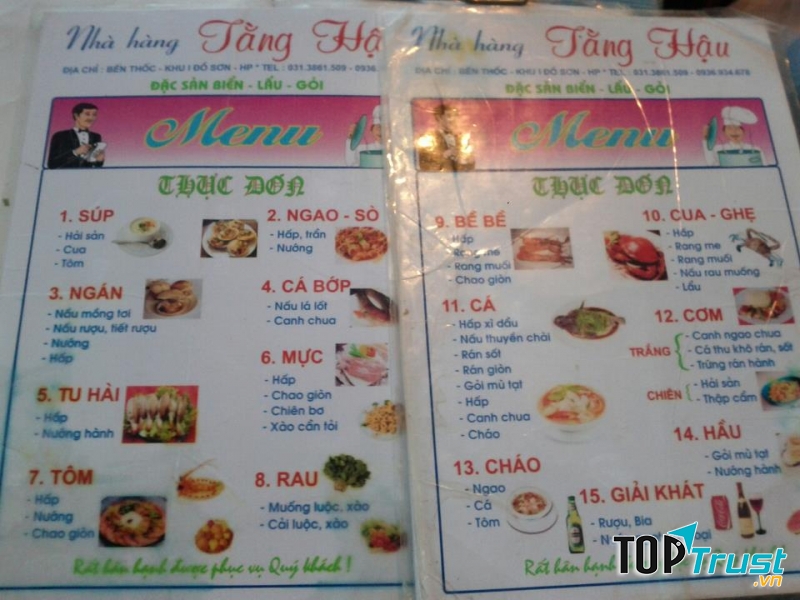 Thực đơn đa dạng của nhà hàng với các món đặc sản chế biến từ hải sản