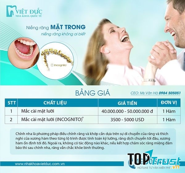 Bảng giá niềng răng mặt trong tại nha khoa Việt Đức