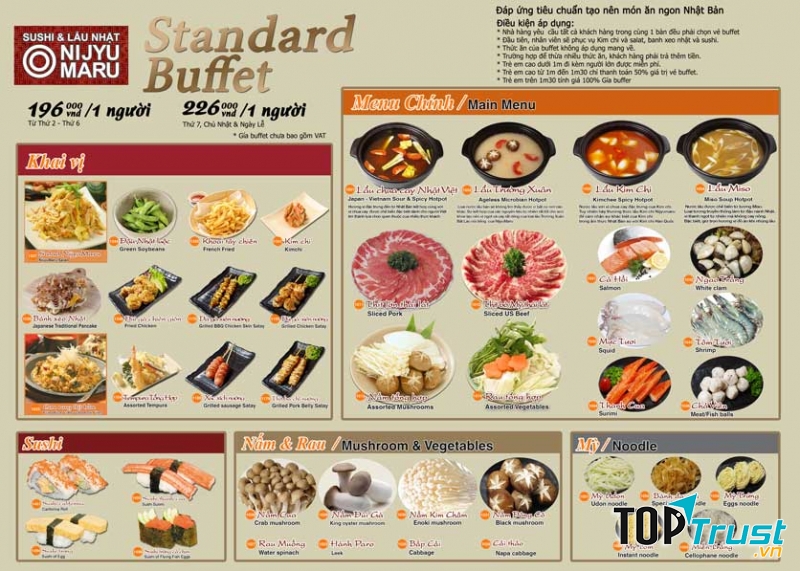 Menu buffet tại Nijyumaru