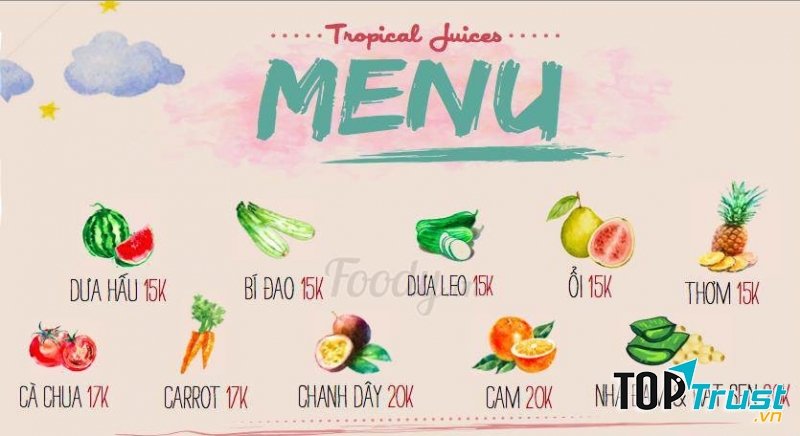 Menu nước ép trái cây từ những loại hoa quả thơm ngon mát lành của Nước ép trái cây Shop online