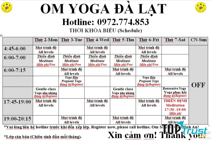 Lịch tập tại OM Yoga Đà Lạt