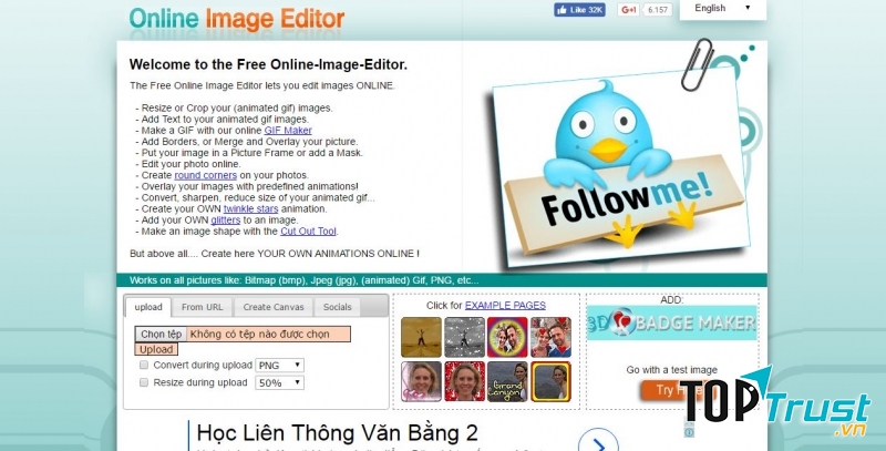 Giao diện trang web Online Image Editer (OIE)