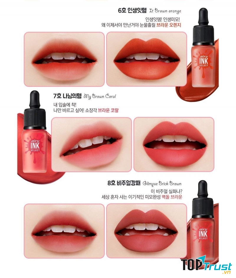 Màu son nào của Peripera Airy Ink Velvet cũng tươi tắn, mịn mượt, dễ tán đều, nhất là rất lâu trôi.
