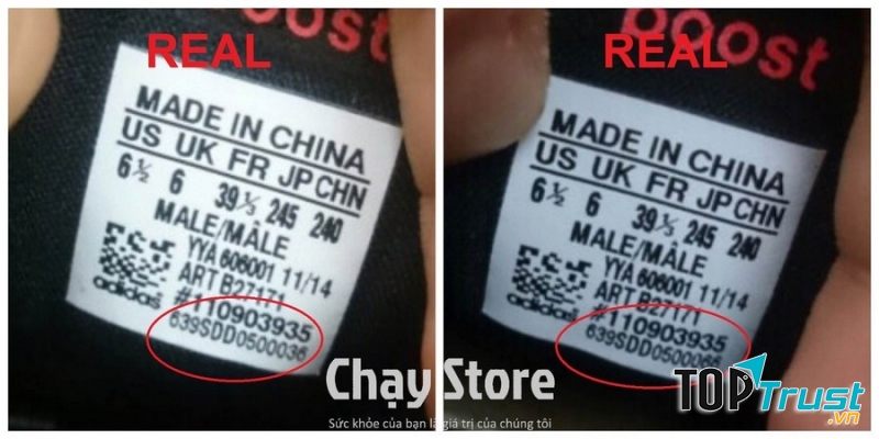 số seri mặt trong của 2 chiếc giày khác nhau