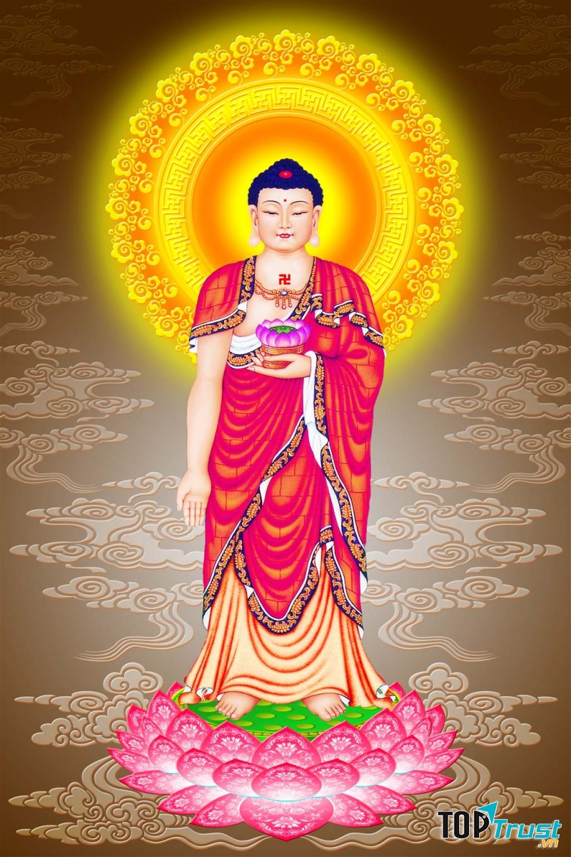Hình ảnh Phật A Di Đà tay trái cầm đóa sen trước ngực, tay phải duỗi ra tiếp dẫn chúng sinh quen thuộc