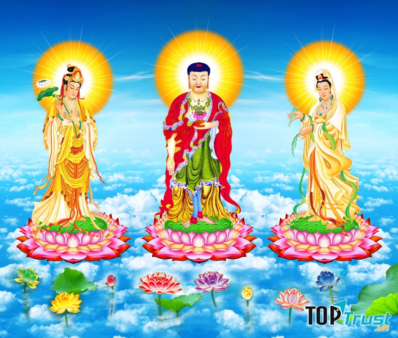 Tây Phương Tam Thánh tiếp dẫn: Phật A Di Đà đứng giữa-Bồ Tát Quán Thế Âm đứng bên tay trái của Phật A Di Đà-Bồ Tát Đại Thế Chí đứng bên tay phải của Phật A Di Đà