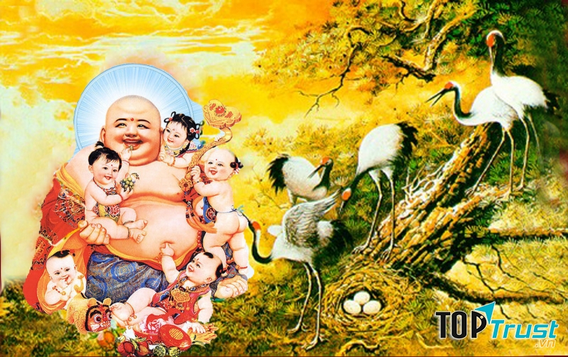 Phật Di Lặc cùng sáu em bé/chú tiểu tượng trưng cho sáu căn