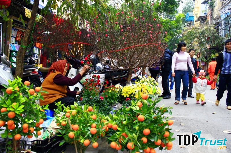 Chợ Tết dễ nhận thấy với sự xuất hiện của đào, quất, hoa