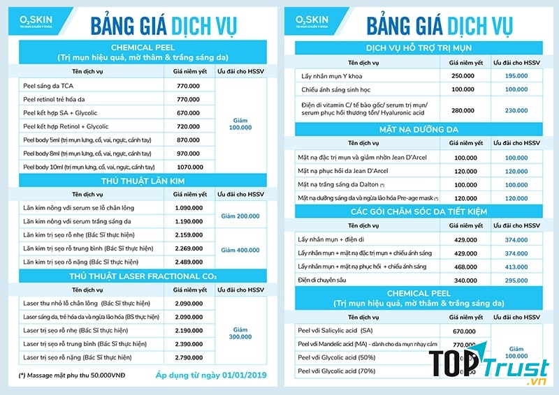 Bảng giá dịch vụ tại Phòng khám da liễu O2 SKIN