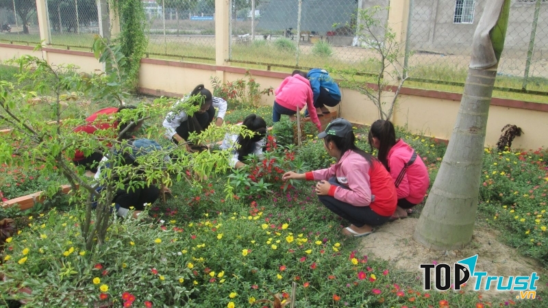 Các em đội viên chăm sóc bồn hoa cây cảnh chào mừng 26 - 3