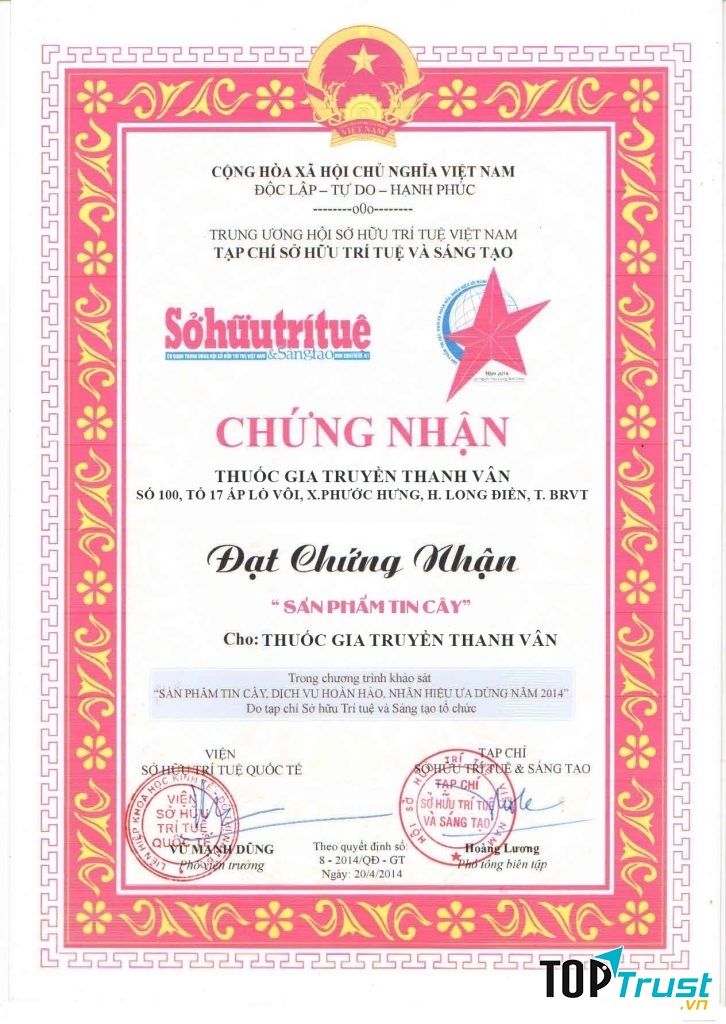 Giấy chứng nhận của Phụ Khoa Thanh Vân
