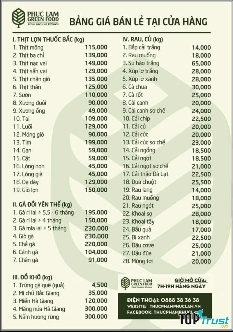 Danh mục các sản phẩm của Phúc Lâm Green Food.