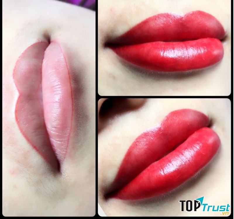 Trước - sau khi phun môi tại phun xăm Tram's Beauty.