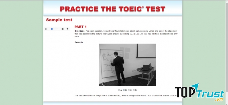 Đây là trang web cung cấp nhiều dạng bài TOEIC để thí sinh có thể luyện tập trước khi thi.
