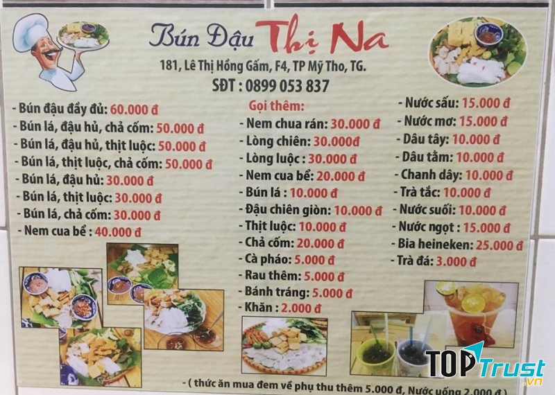 Menu của quán bún đậu mắm tôm Thị Na