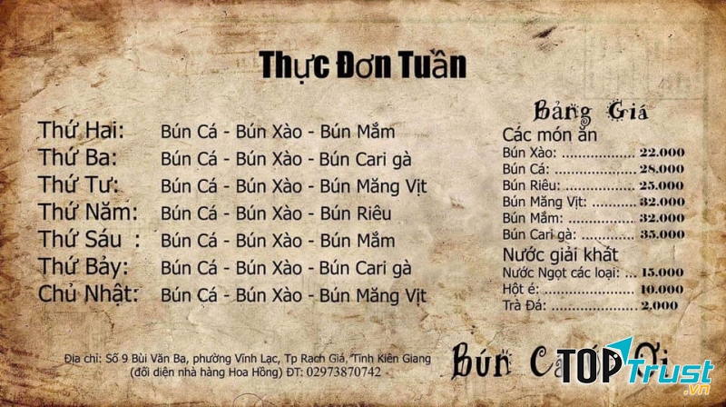 Menu quán bún Út Ơi