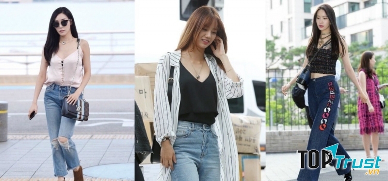 Các sao Hàn quyến rũ với áo hai dây và quần jean dáng dài