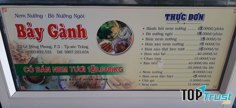 Menu tại Quán nem nướng Bảy Gành