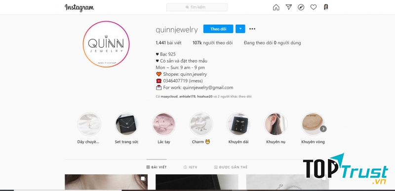 Kênh instagram của Quinn Jewelry