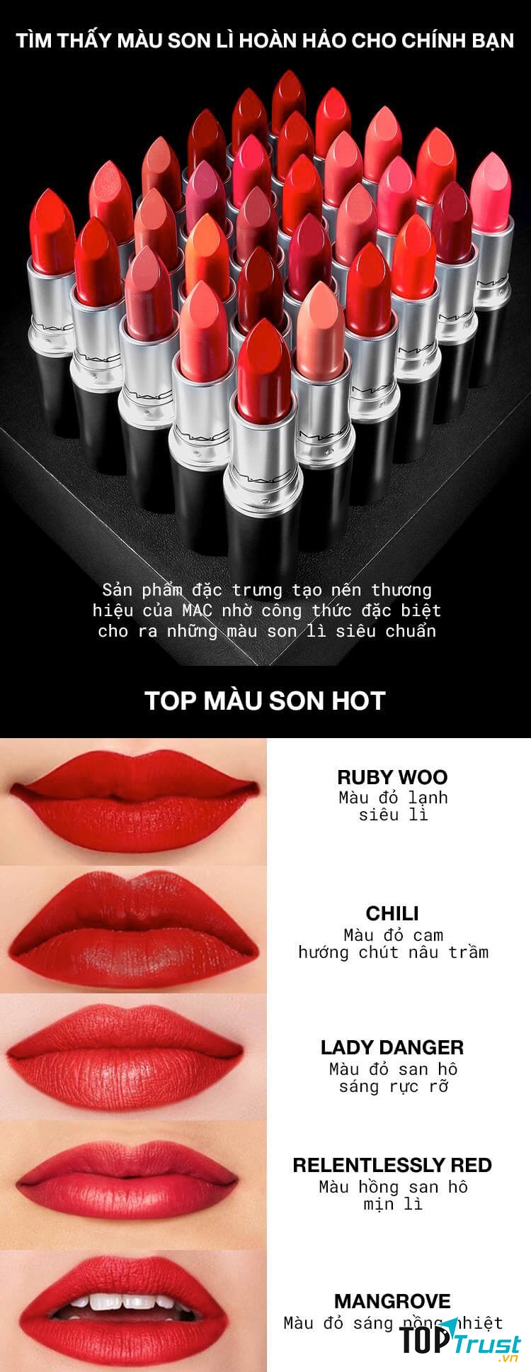 MAC Retro Matte với bảng màu cá tính, ấn tượng mạnh mẽ.