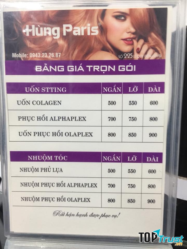 Bảng giá tại Salon Hùng Paris