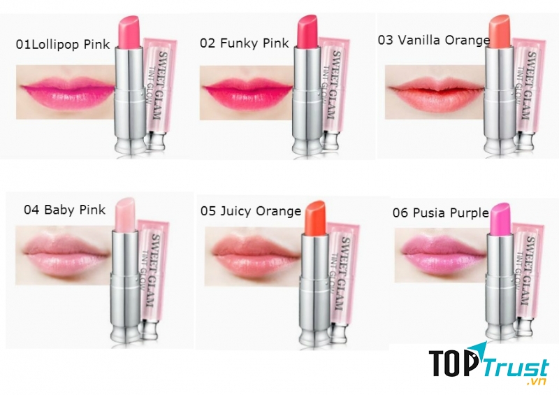 Các màu trong bảng màu của son Secret Key Sweet Glam Tint Glow