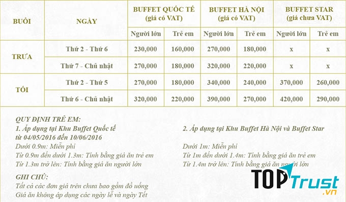 Bảng giá buffet tại Sen Tây Hồ