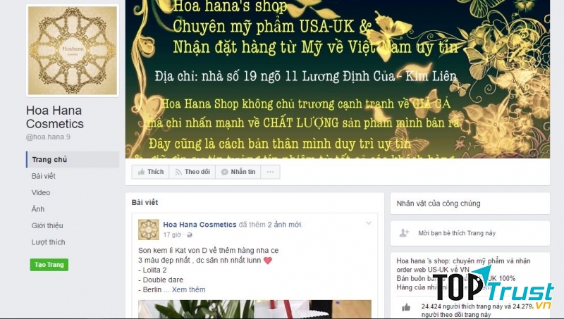 Trang Facebook của Hoa Hana Cosmetic