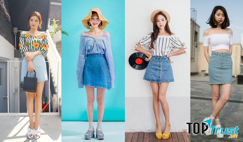 Sơ mi trễ vai + Chân váy jean lệch vạt + Mũ