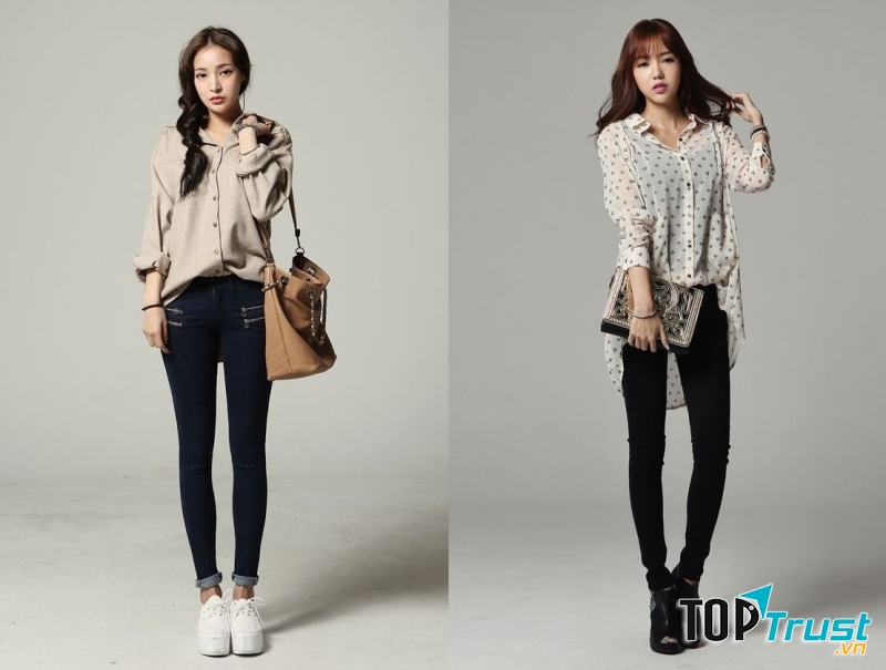 Áo sơ mi và quần jeans tạo sự trẻ trung, khoẻ khoắn cho các cô nàng