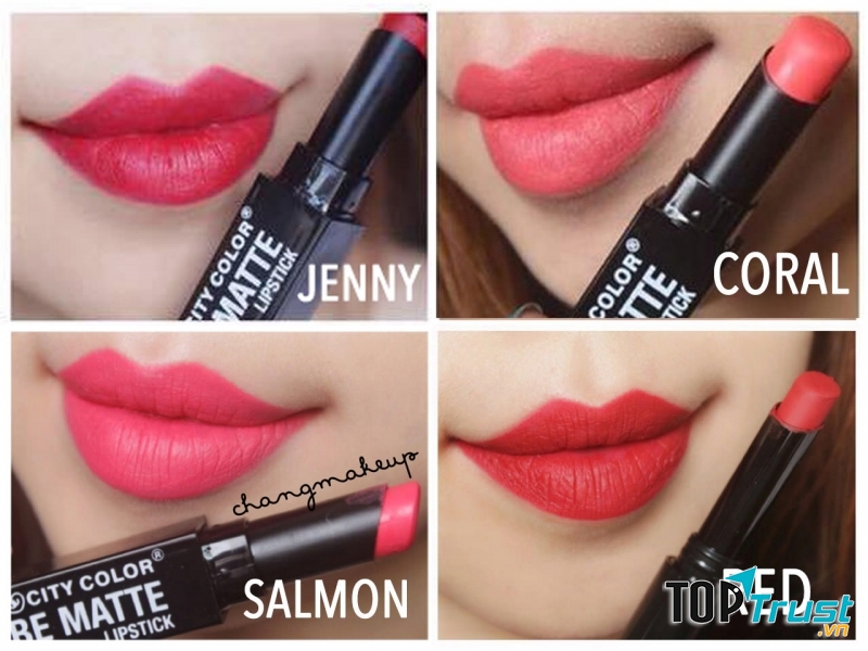 Son City Color Be Matte Lipstick màu Coral so với các màu khác