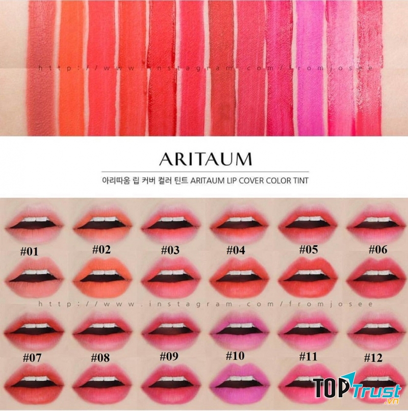 Bảng màu dòng son kem lì Aritaum Lip Cover Color Tint