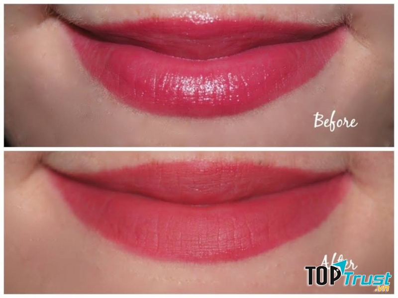 Bạn chỉ cần apply nhẹ lên môi sau khi đã đánh son, màu son sẽ lì lại và ở trên môi cả ngày.
