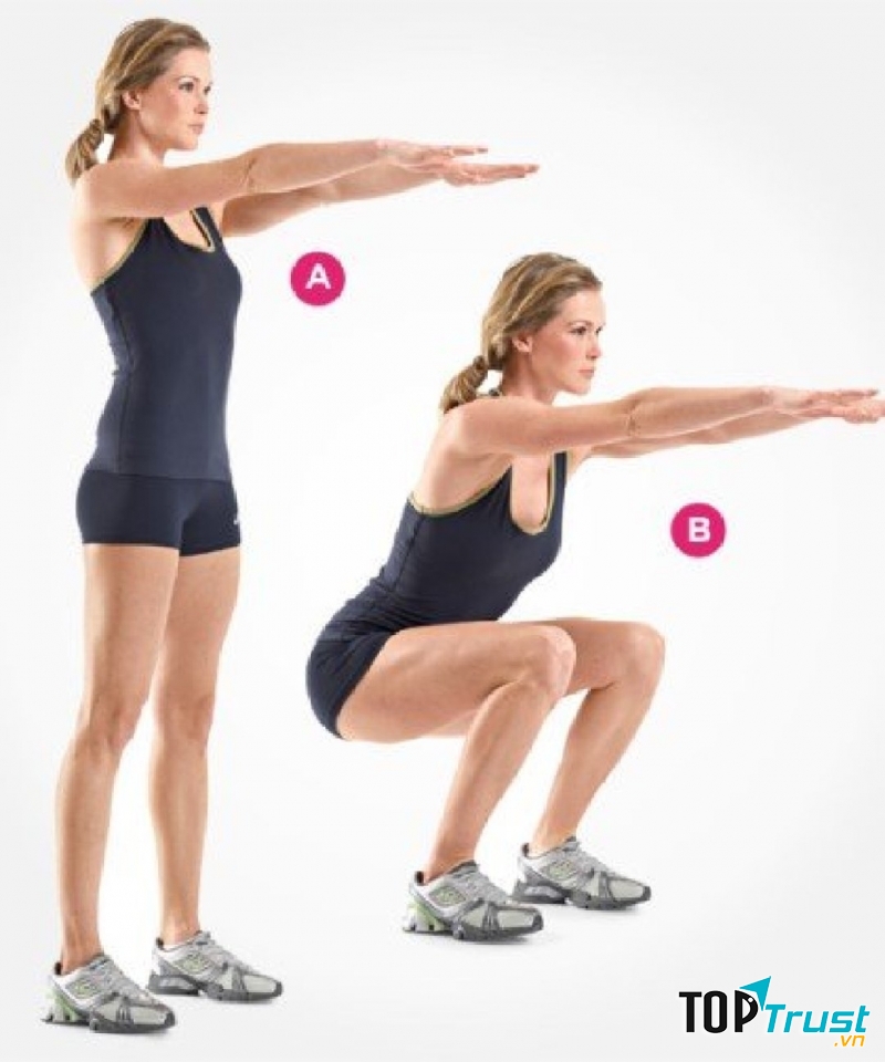 Động tác chuẩn của Squat, nhớ cố gắng giữ vững nha.