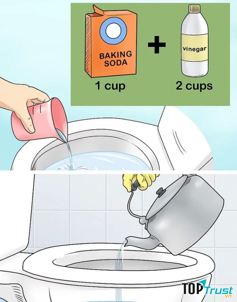 Kết hợp bột soda và giấm để thông tắc bồn cầu