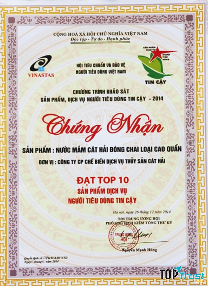 Chứng nhận đạt top 10 sản phẩm dịch vụ người tiêu dùng tin cậỵ.