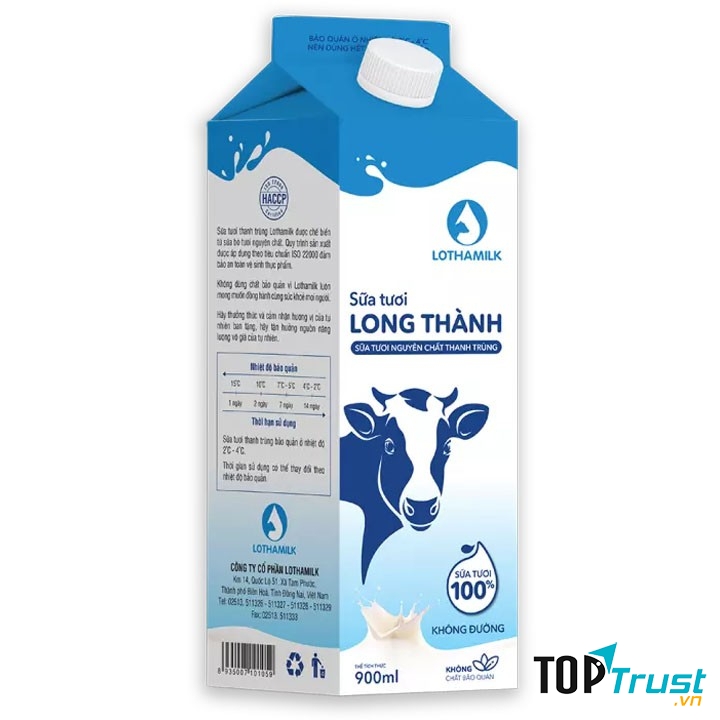 Sữa tươi thanh trùng không đường Lothamilk hộp giấy 900ml