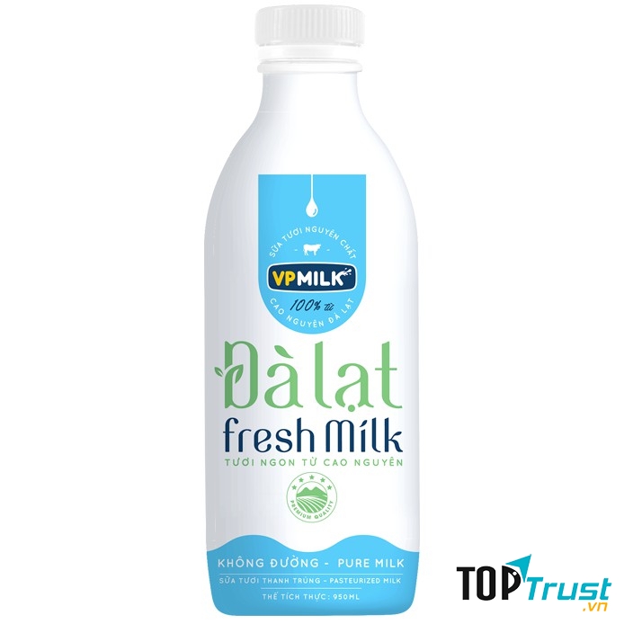Sữa tươi thanh trùng không đường VPMilk Đà Lạt Fresh Milk chai 950ml