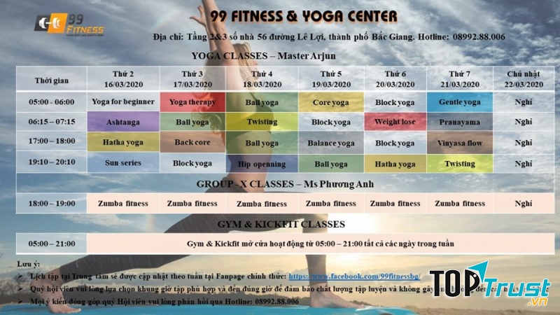 Lịch tập của các lớp tại 99 Fitness & Yoga Center