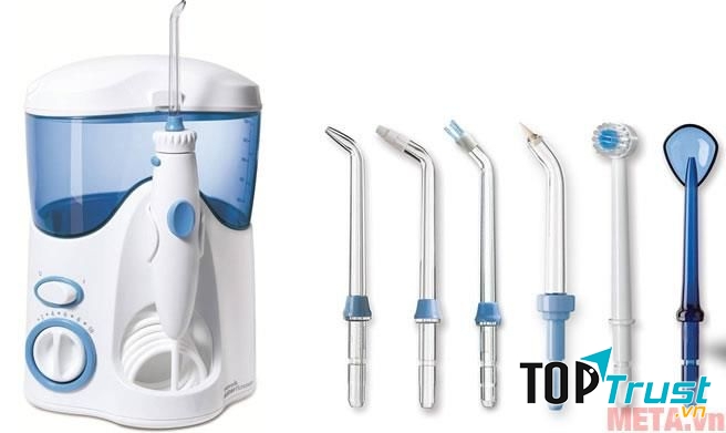 Water Ultra Pik - WP - 100 được đi kèm 7 đầu tip: 2 đầu tổng quát, 1 đầu Pik Pocket, 1 đầu vệ sinh lưỡi, 1 đầu Plaque Seeker, 1 đầu chỉnh nha, 1 đầu bàn chải răng