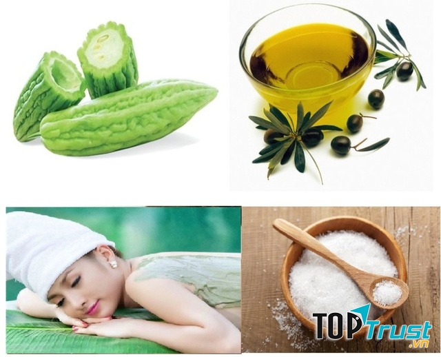 Tắm trắng bằng khổ qua, muối biển và dầu ô liu thường xuyên mỗi tuần 2-3 lần, làn da sẽ trở nên trắng đẹp, mịn màng và ngăn ngừa mụn xuất hiện.