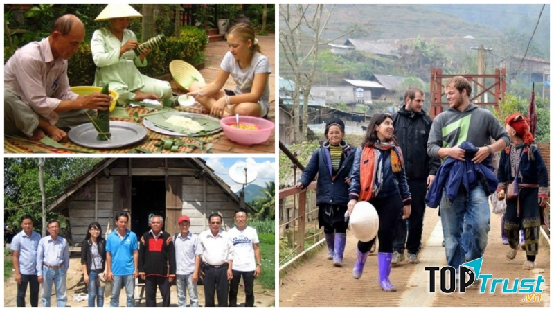 Khách nước ngoài vui vẻ chụp ảnh kỉ niệm với người dân